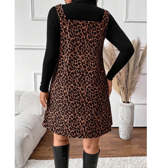 Plus Long Sleeve Black Top Leopard Print Sleeveless Dress Set - Picture 3 of 4